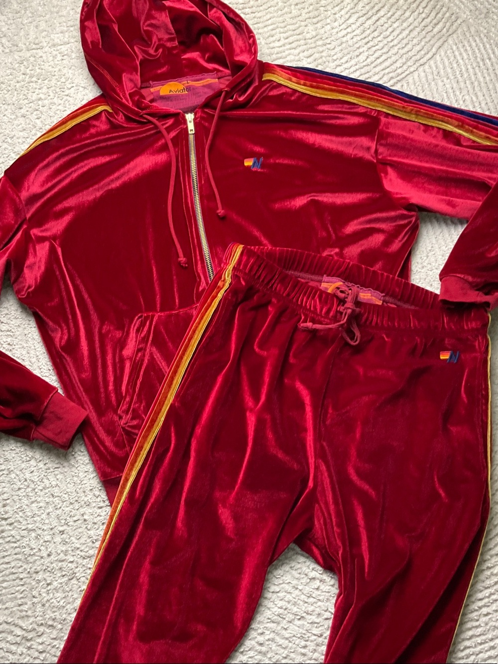 Aviator Nation Set Classic Velvet Red Hoodie & Pants Size L - RARE*